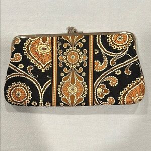 Vera Bradley Black and Tan Clutch with Intricate Design